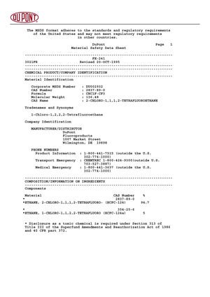 msds fe-241 dupont hcfc-124