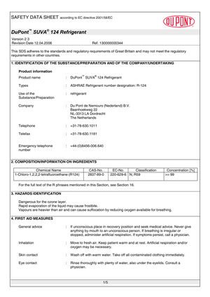 msds suva-124 dupont hcfc-124